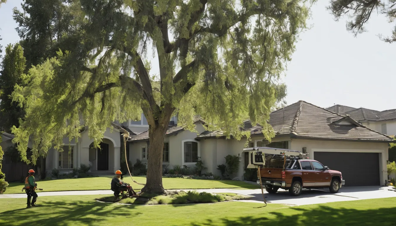 A local provider's crew lowering a section of a backyard tree beside a stucco home in Rohnert Park